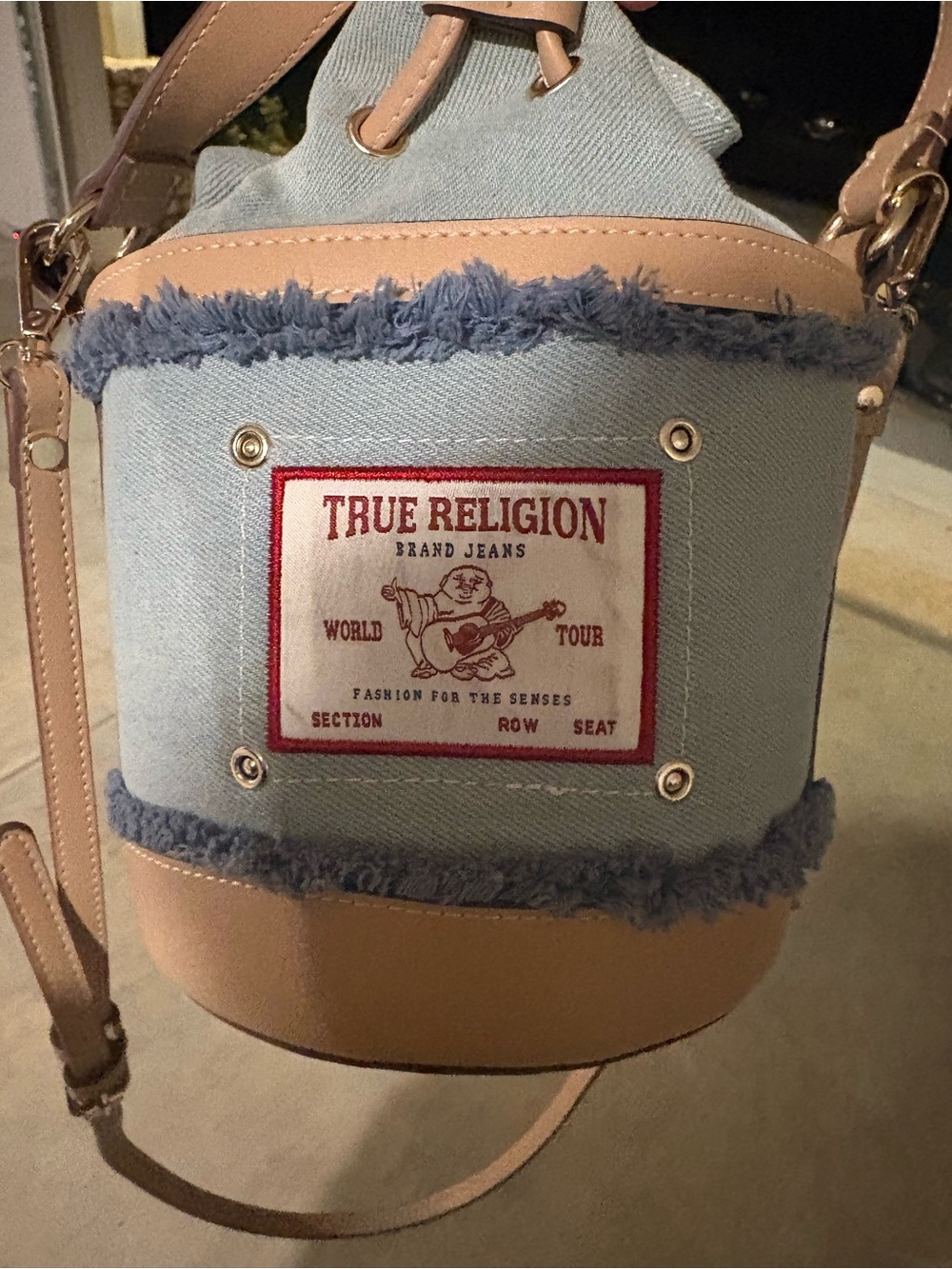 True Religion Light Blue Denim with Pink Trim Bucket Crossbody